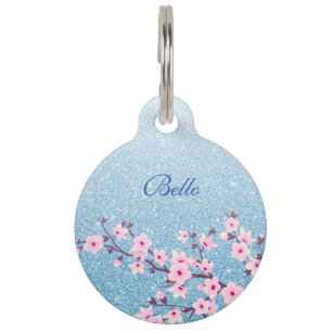 Médaillon Pour Animaux Fleurs de cerisier Paillettes bleues Ajouter un no