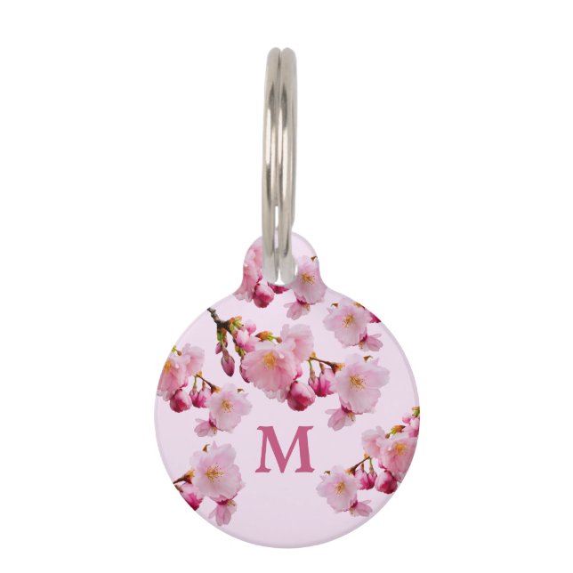 Médaillon Pour Animaux Fleurs de printemps de cerisier rose en monogramme (Devant)