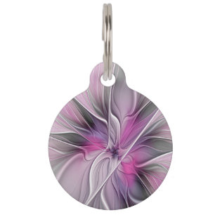 Médaillon Pour Animaux Fractal Floral Moderne Abstrait Fleur Rose Gris