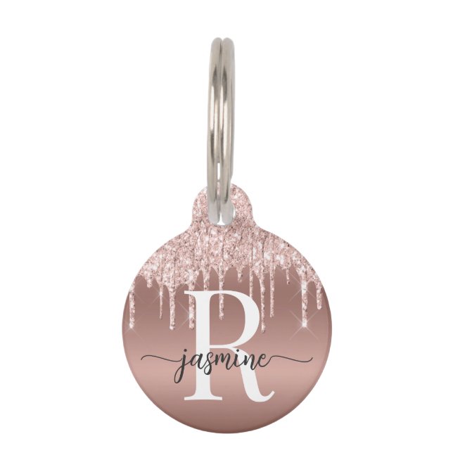 Médaillon Pour Animaux Girly Cute Rose Gold Pailleté Monogramme Script  (Devant)