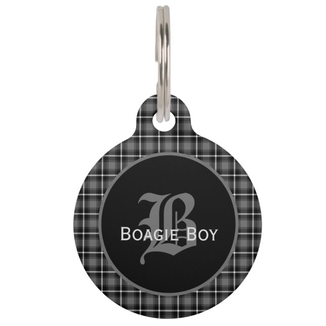 Médaillon Pour Animaux Gris écossais Plaid Monogramme Grand (Devant)