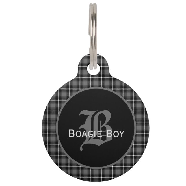 Médaillon Pour Animaux Gris écossais Plaid Monogramme Grand (Devant)