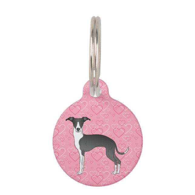Médaillon Pour Animaux Gris Italien Noir Et Blanc Sur Coeurs Rose (Devant)