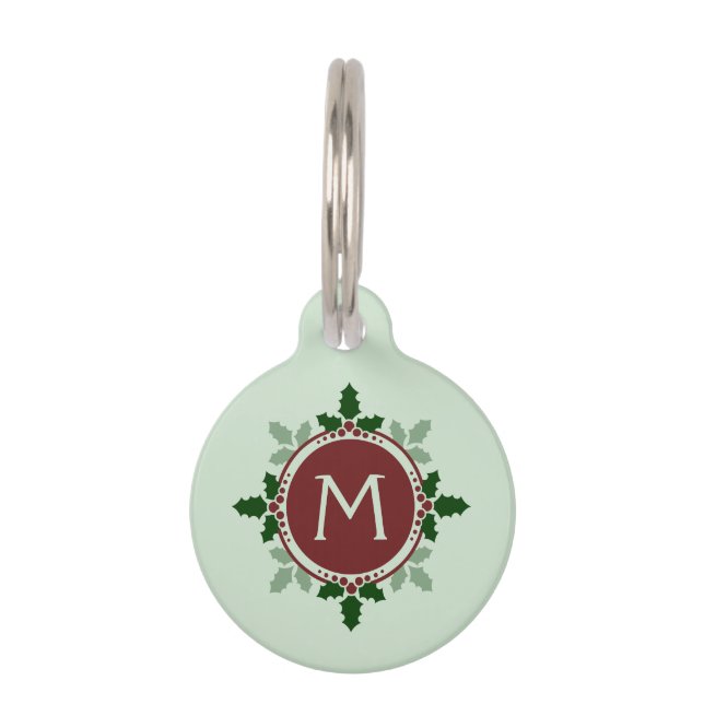 Médaillon Pour Animaux Holly Feuilles Monogramme Vert Rouge Noël (Devant)