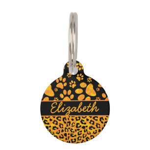 Médaillon Pour Animaux Jaune orange d'empreinte de léopard et de pattes