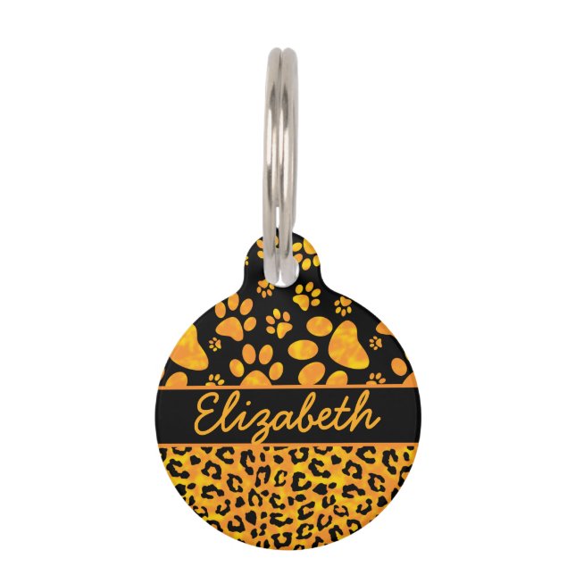 Médaillon Pour Animaux Jaune orange d'empreinte de léopard et de pattes (Devant)