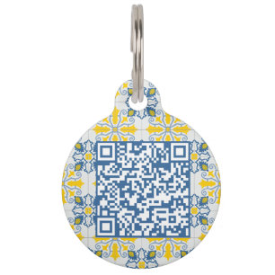 Médaillon Pour Animaux Joli carreaux portugais bleu et jaune scannable