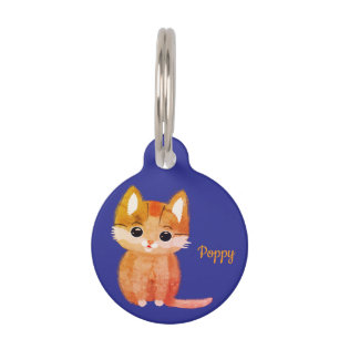 Médaillon Pour Animaux Joli Chaton Orange Aquarelle Personnalisé Bleu