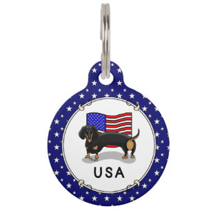 Médaillon Pour Animaux Joli dachshund avec drapeau américain - (noir et f
