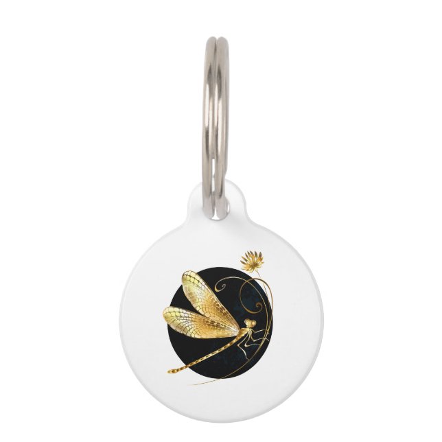 Médaillon Pour Animaux libellule d'or en cercle noir (Devant)