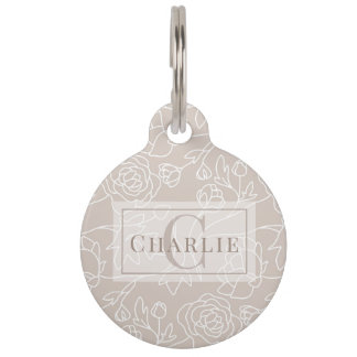 Médaillon Pour Animaux Ligne artistique florale beige | Chien Chat Animal