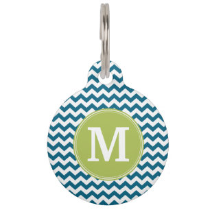 Médaillon Pour Animaux Lime Green et Turquoise Chevron Motif Monogramme