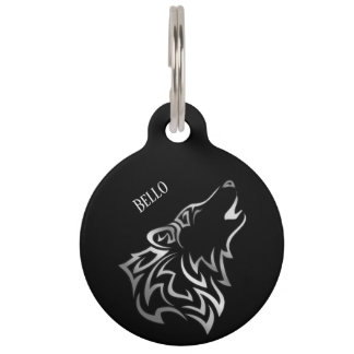 Médaillon Pour Animaux Loup noir argenté  Ajouter un nom et une adresse