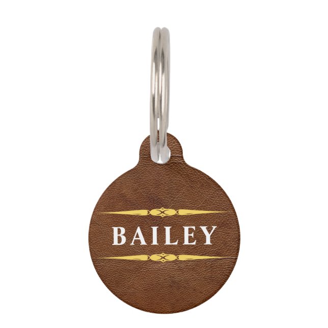 Médaillon Pour Animaux Lux Brown Leather & Gold Foil Monogram Name (Devant)
