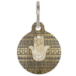 Médaillon Pour Animaux Main de Hamsa d'or d'impression de Faux et Aztèqu