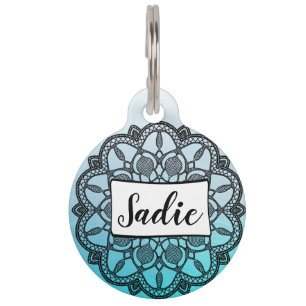 Médaillon Pour Animaux Mandala d'étiquettes de chien, bleu et noir