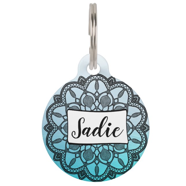 Médaillon Pour Animaux Mandala d'étiquettes de chien, bleu et noir (Devant)