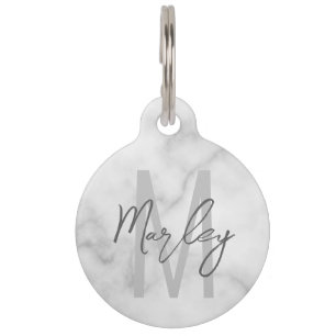 Médaillon Pour Animaux Marbre blanc Script Monogramme personnalisé et nom