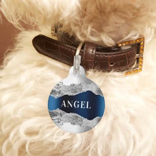 Médaillon Pour Animaux Marbre d'agate en métal bleu argenté