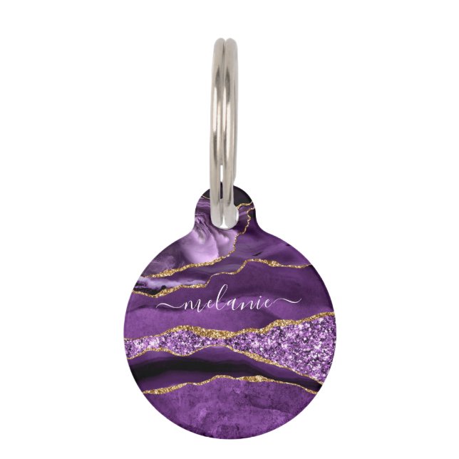 Médaillon Pour Animaux Marbre de Parties scintillant d'or violet Nom pers (Devant)