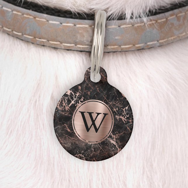Médaillon Pour Animaux Marbre Noir Faux Or Rose Feuille Monogramme (Créateur téléchargé)