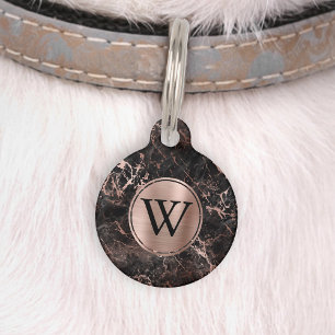 Médaillon Pour Animaux Marbre Noir Faux Or Rose Feuille Monogramme