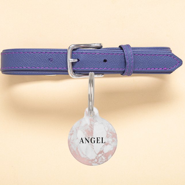 Médaillon Pour Animaux Marbre rose or nom monogramme fille chien (Créateur téléchargé)