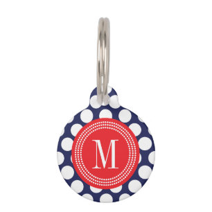 Médaillon Pour Animaux Marine et grand pois rouge décorés d'un monogram