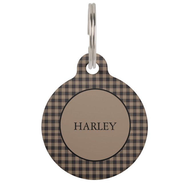 Médaillon Pour Animaux Marron rustique plaid écossais buffle noir monogra (Devant)