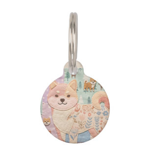 Médaillon Pour Animaux Mignon Shiba Inu Japonais Motif Floral Patchwork