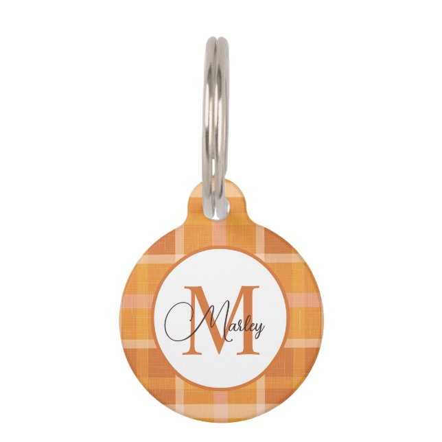 Médaillon Pour Animaux Moderne Orange Carreaux Monogramme Nom Personnalis (Devant)