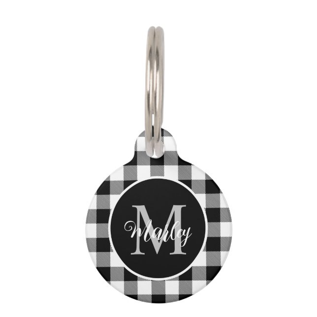 Médaillon Pour Animaux Moderne Plaid Buffalo Noir et Blanc Monogrammé Nom (Devant)