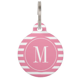 Médaillon Pour Animaux Moderne rayure rose chaud et blanc avec monogramme