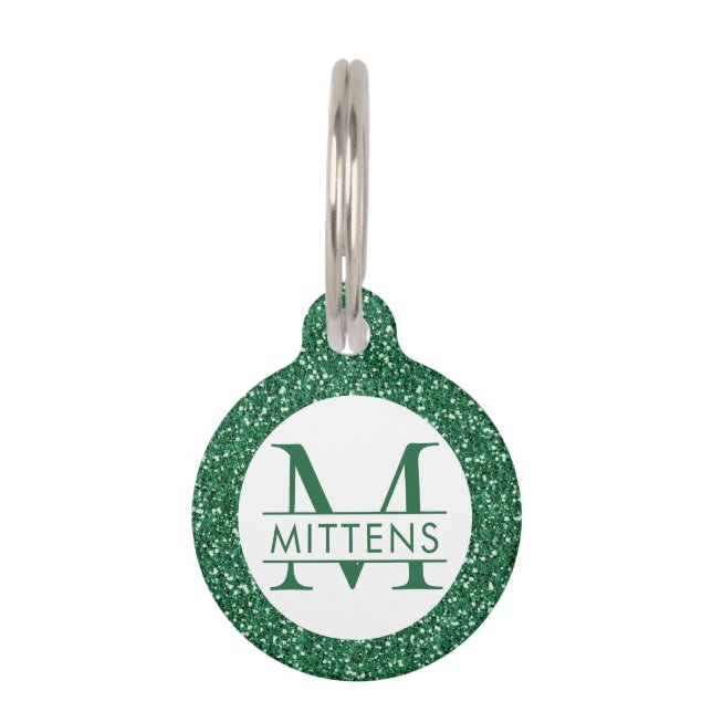 Médaillon Pour Animaux Monogramme à Parties scintillant verte (Devant)