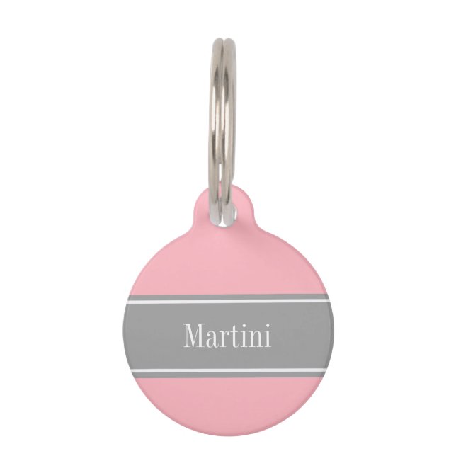 Médaillon Pour Animaux Monogramme avec ruban gris foncé et rose uni (Devant)