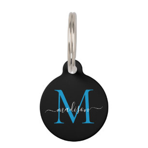 Médaillon Pour Animaux Monogramme bleu de l'océan Noir Nom du script fémi