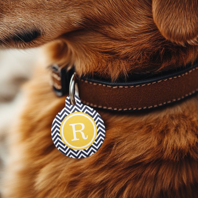 Médaillon Pour Animaux Monogramme de la marine et de Chevron jaune (Créateur téléchargé)