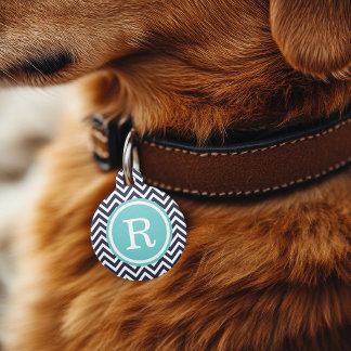 Médaillon Pour Animaux Monogramme de Navy et de Turquoise Chevron