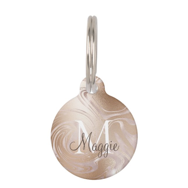 Médaillon Pour Animaux Monogramme de nom en marbre à paillettes de rose e (Devant)