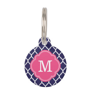 Médaillon Pour Animaux Monogramme de Quatrefoil Marine et rose