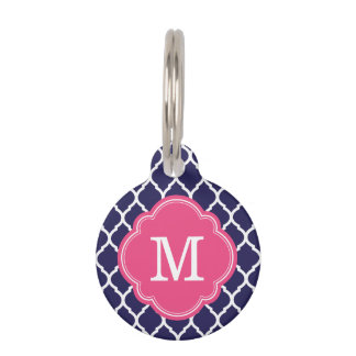 Médaillon Pour Animaux Monogramme de Quatrefoil Marine et rose