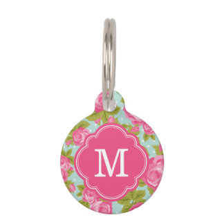 Médaillon Pour Animaux Monogramme de Roses Vintages rose et menthe