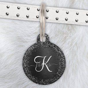Médaillon Pour Animaux Monogramme d'étincelle à Parties scintillant noire