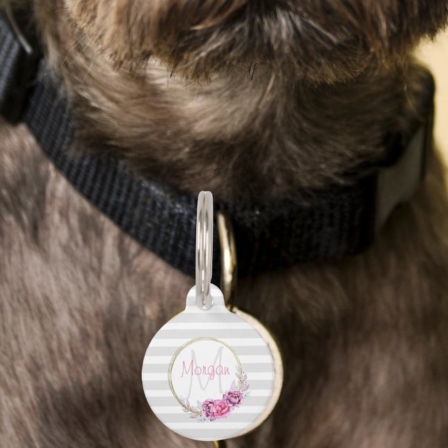 Médaillon Pour Animaux Monogramme élégant à rayures avec bordure florale  (Elegant Floral Gold Border Stripes Monogram Pet ID Tag)