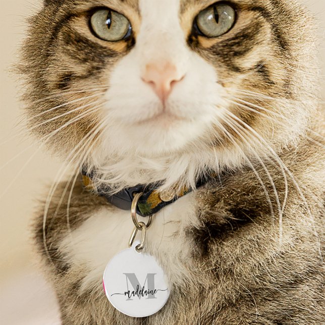 Médaillon Pour Animaux Monogramme Elegant Blanc noir personnel (Créateur téléchargé)