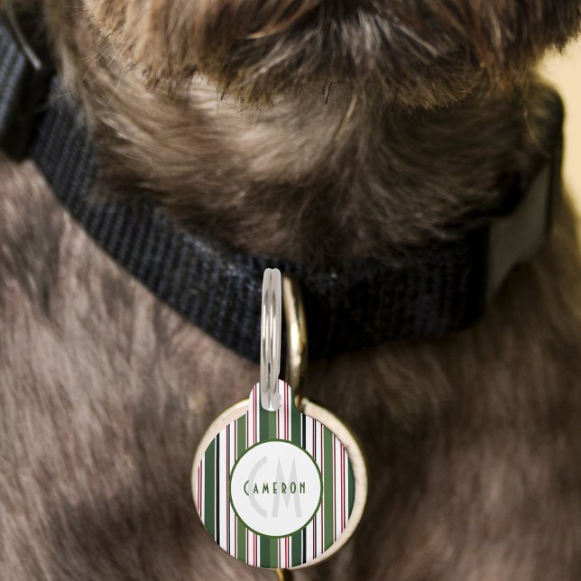 Médaillon Pour Animaux Monogramme élégant rayé vert Classique (Elegant Classic Green Striped Monogram Pet ID Tag)