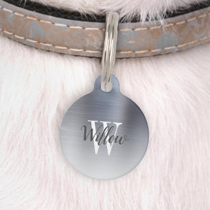 Médaillon Pour Animaux Monogramme en métal brossé Ombre en argent de luxe