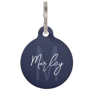 Médaillon Pour Animaux Monogramme et nom personnalisés de Navy Blue Scrip
