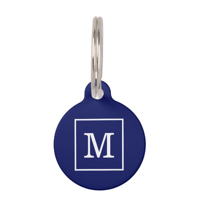 Médaillon Pour Animaux Monogramme Initial Cadre Bleu Marine Blanc (Devant)