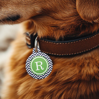 Médaillon Pour Animaux Monogramme Marine et Green Chevron